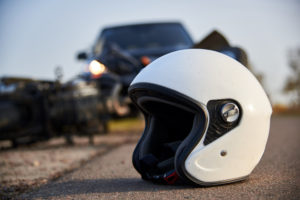 close-up on a motorcycle helmet in the road